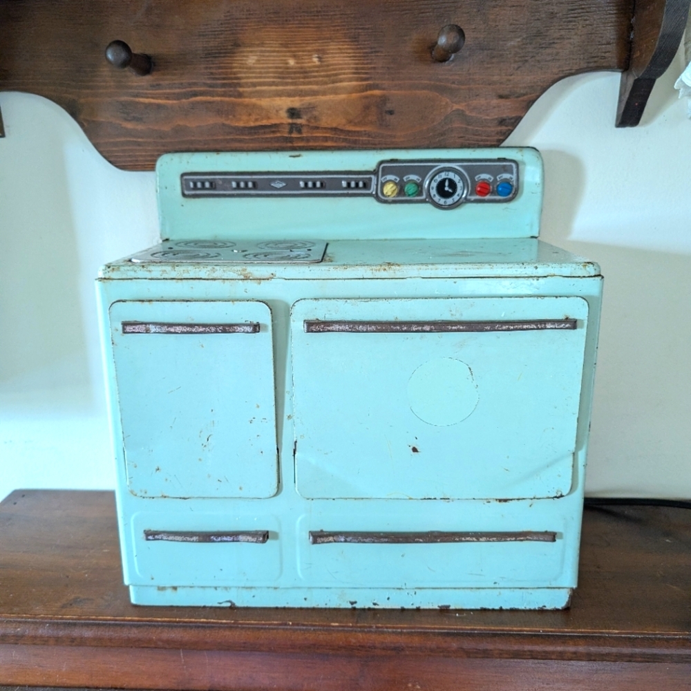 Vintage Wolverine Toy Stove Children Kitchen Play Aqua Mid Century Modern Farm